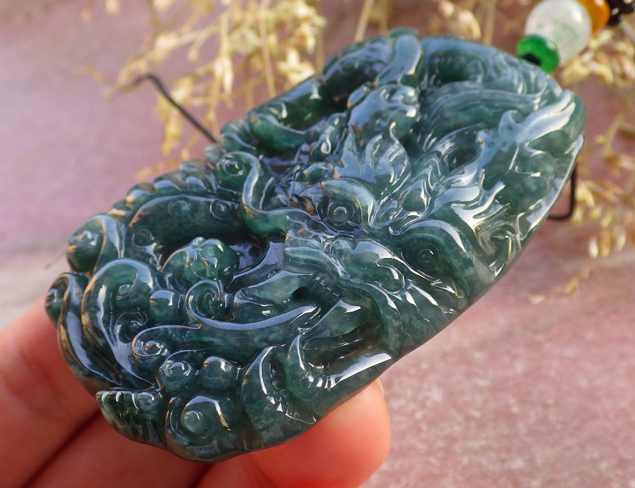 Certified Icy Green Burma 100% Natural A Jade jadeite Pendant Dragon Ruyi Necklace 生意兴隆 641163  TN