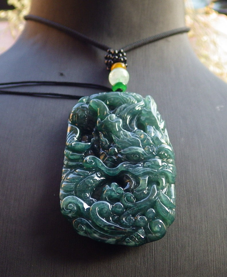 Certified Icy Green Burma 100% Natural A Jade jadeite Pendant Dragon Ruyi Necklace 生意兴隆 641163  TN