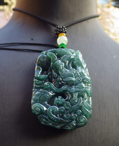 Certified Icy Green Burma 100% Natural A Jade jadeite Pendant Dragon Ruyi Necklace 生意兴隆 641163  TN