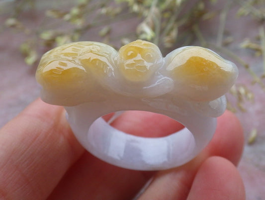Certified Yellow Burma 100% Natural A JADE Jadeite Monkey Peach RING USA. 10.25 戒指 641260  TN