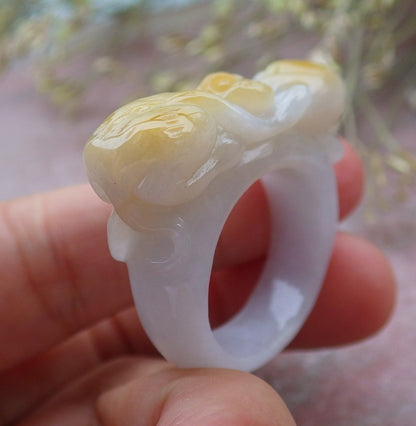 Certified Yellow Burma 100% Natural A JADE Jadeite Monkey Peach RING USA. 10.25 戒指 641260  TN