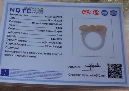 Certified Yellow Burma 100% Natural A JADE Jadeite Monkey Peach RING USA. 10.25 戒指 641260  TN