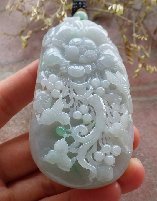 Certified Yellow Green Burma 100% Natural A Jade jadeite Pendant Phoenix Bird Flower Leaf Necklace 鸟语花香 641277  TN