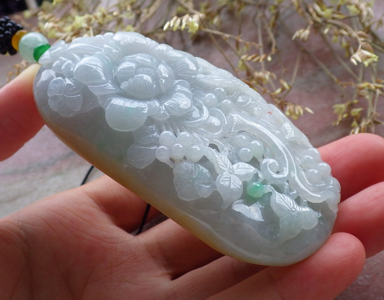 Certified Yellow Green Burma 100% Natural A Jade jadeite Pendant Phoenix Bird Flower Leaf Necklace 鸟语花香 641277  TN
