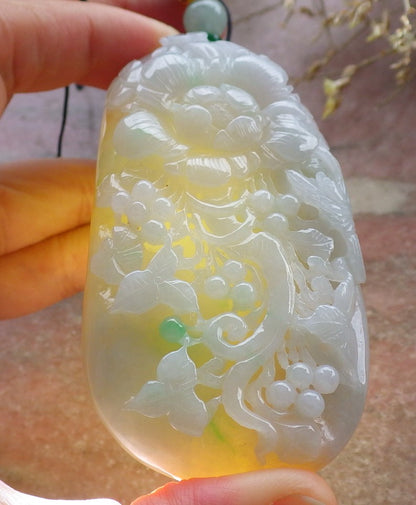 Certified Yellow Green Burma 100% Natural A Jade jadeite Pendant Phoenix Bird Flower Leaf Necklace 鸟语花香 641277  TN