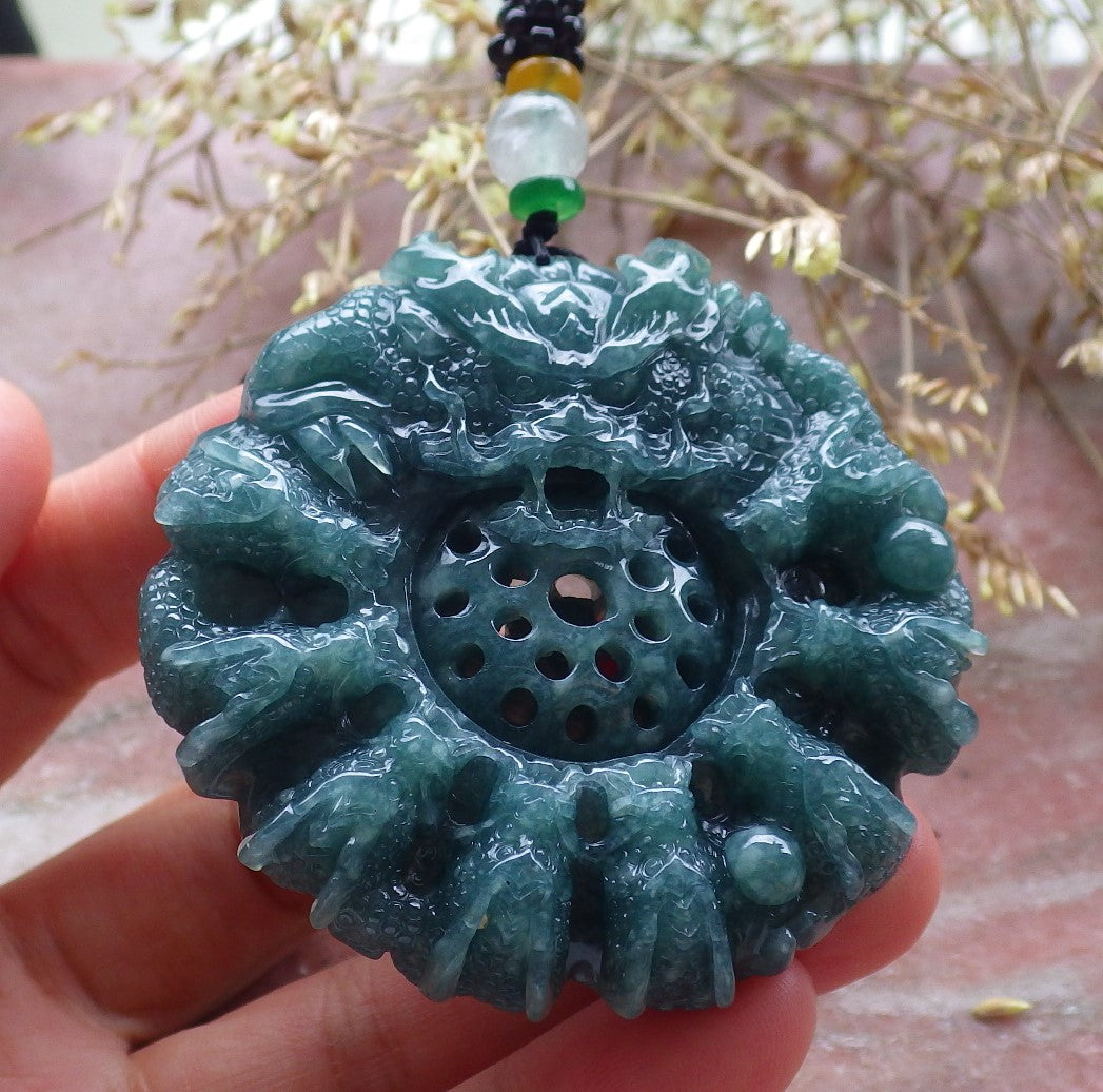 Certified Icy Green Burma 100% Natural A Jade jadeite Pendant 9 Dragon Bead Necklace 九龙戏珠 641302  TN