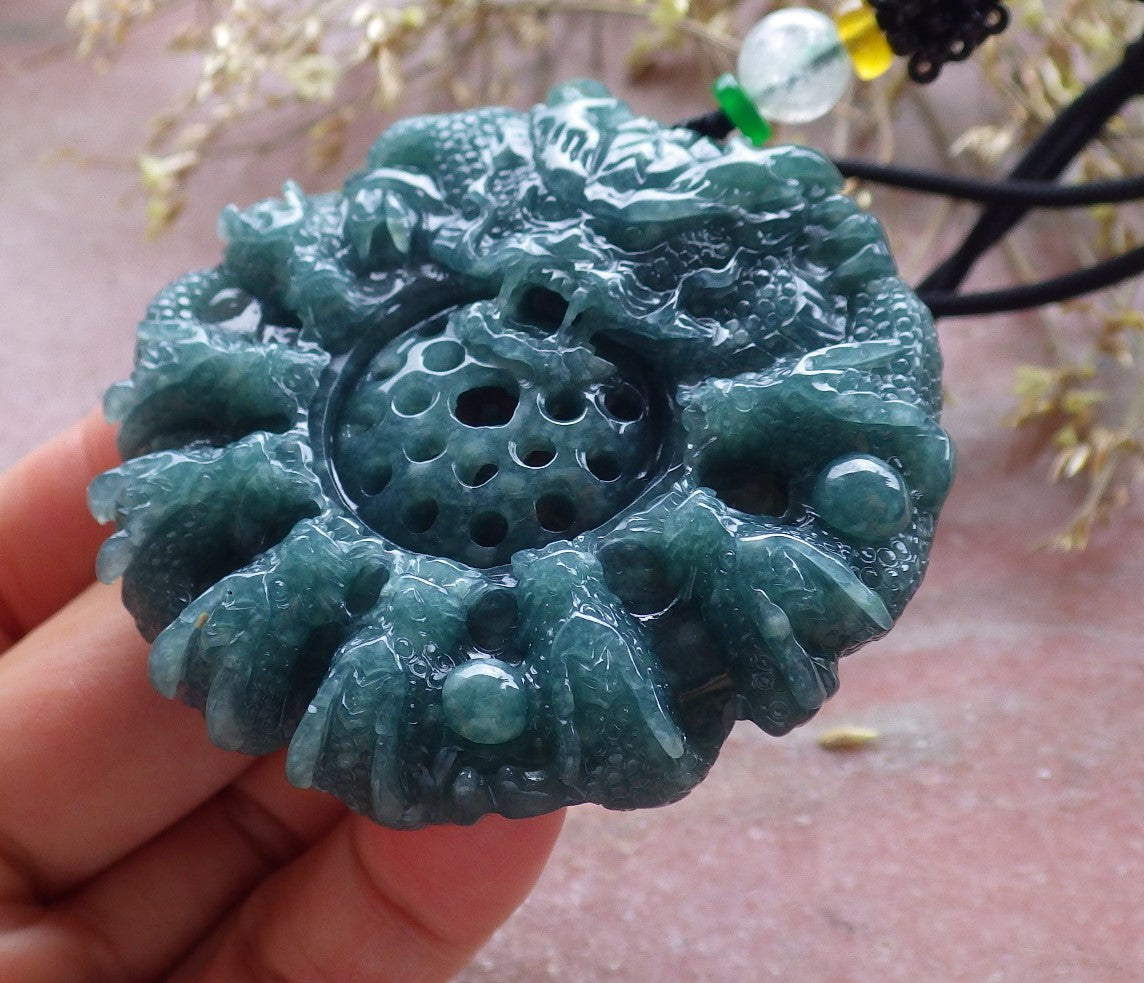 Certified Icy Green Burma 100% Natural A Jade jadeite Pendant 9 Dragon Bead Necklace 九龙戏珠 641302  TN