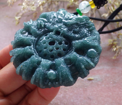 Certified Icy Green Burma 100% Natural A Jade jadeite Pendant 9 Dragon Bead Necklace 九龙戏珠 641302  TN