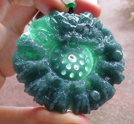 Certified Icy Green Burma 100% Natural A Jade jadeite Pendant 9 Dragon Bead Necklace 九龙戏珠 641302  TN