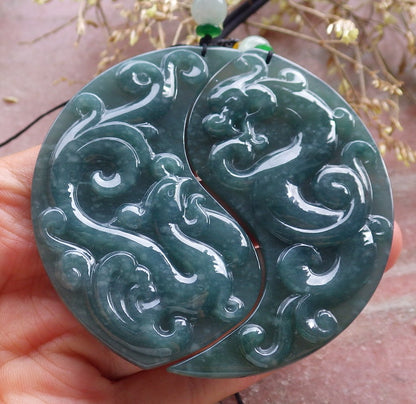 Pair Certified Icy Green Burma 100% Natural A Jade jadeite Pendant Dragon Phoenix Necklace 龙凤 641311  TN