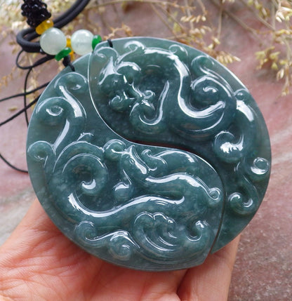 Pair Certified Icy Green Burma 100% Natural A Jade jadeite Pendant Dragon Phoenix Necklace 龙凤 641311  TN