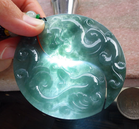 Pair Certified Icy Green Burma 100% Natural A Jade jadeite Pendant Dragon Phoenix Necklace 龙凤 641311  TN