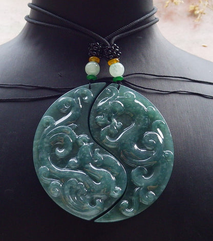 Pair Certified Icy Green Burma 100% Natural A Jade jadeite Pendant Dragon Phoenix Necklace 龙凤 641311  TN