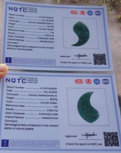 Pair Certified Icy Green Burma 100% Natural A Jade jadeite Pendant Dragon Phoenix Necklace 龙凤 641311  TN