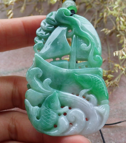 Certified Green Burma 100% Natural A Jade jadeite Pendant Fish Coin Ruyi Necklace 年年有余 641343  TN