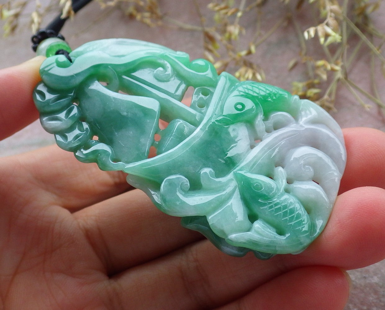 Certified Green Burma 100% Natural A Jade jadeite Pendant Fish Coin Ruyi Necklace 年年有余 641343  TN