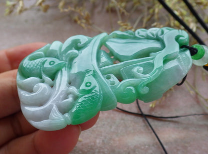Certified Green Burma 100% Natural A Jade jadeite Pendant Fish Coin Ruyi Necklace 年年有余 641343  TN
