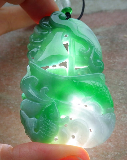 Certified Green Burma 100% Natural A Jade jadeite Pendant Fish Coin Ruyi Necklace 年年有余 641343  TN
