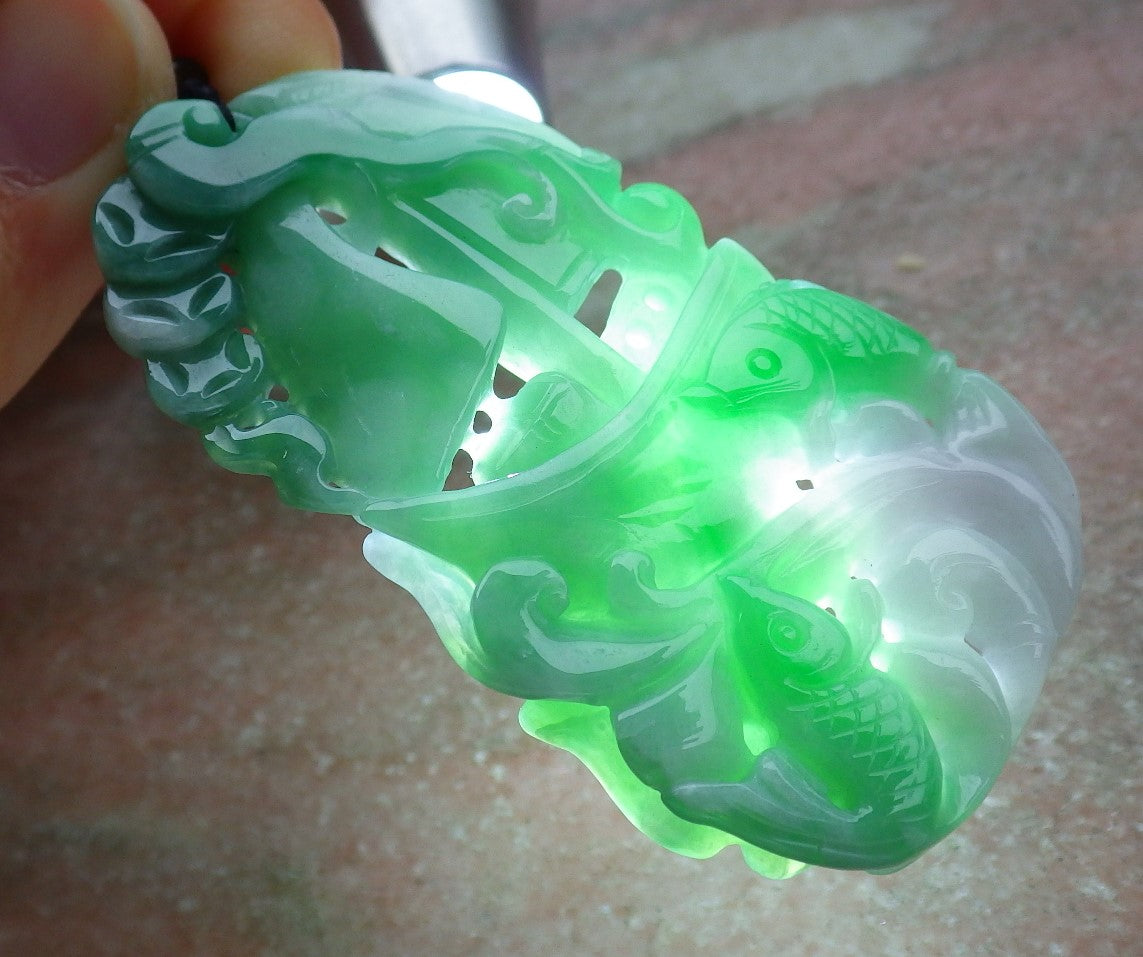Certified Green Burma 100% Natural A Jade jadeite Pendant Fish Coin Ruyi Necklace 年年有余 641343  TN