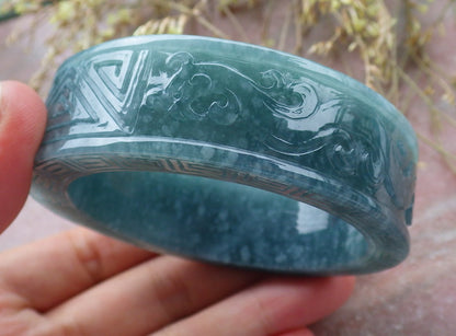 Certified Icy Green Burma 100% Natural A JADE Jadeite Dragon Phoenix Longevity Bangle Bracelet 57 mm 手镯 641353  TN