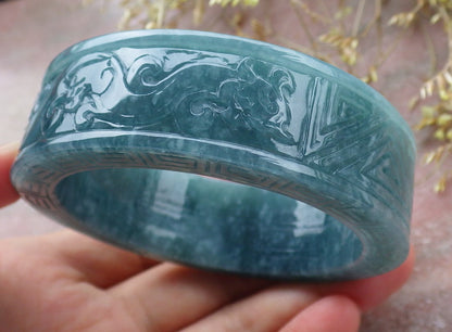 Certified Icy Green Burma 100% Natural A JADE Jadeite Dragon Phoenix Longevity Bangle Bracelet 57 mm 手镯 641353  TN
