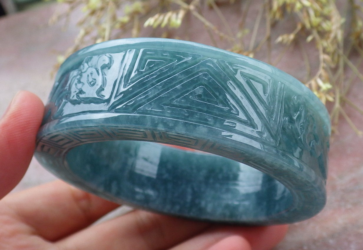 Certified Icy Green Burma 100% Natural A JADE Jadeite Dragon Phoenix Longevity Bangle Bracelet 57 mm 手镯 641353  TN