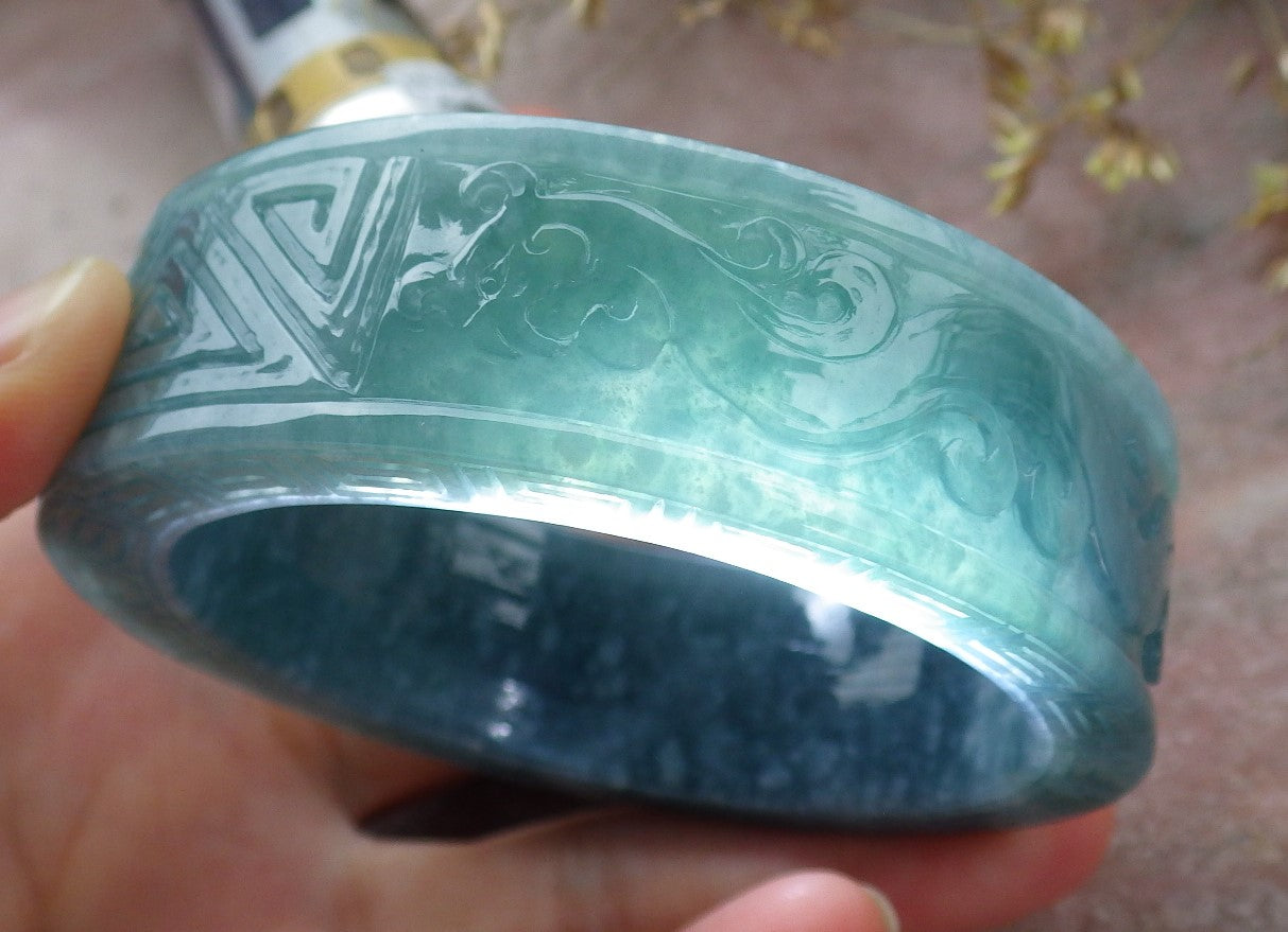 Certified Icy Green Burma 100% Natural A JADE Jadeite Dragon Phoenix Longevity Bangle Bracelet 57 mm 手镯 641353  TN