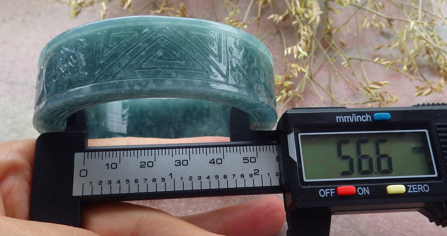 Certified Icy Green Burma 100% Natural A JADE Jadeite Dragon Phoenix Longevity Bangle Bracelet 57 mm 手镯 641353  TN