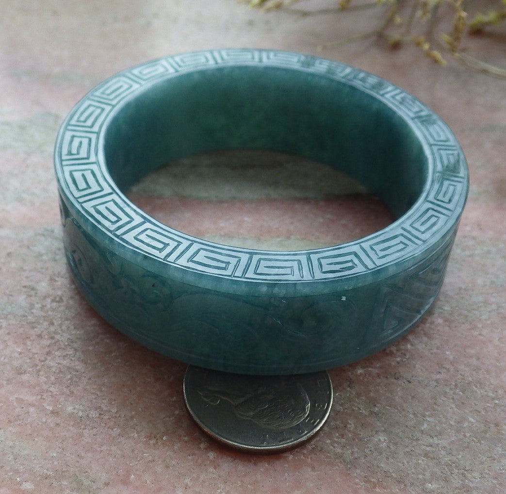 Certified Icy Green Burma 100% Natural A JADE Jadeite Dragon Phoenix Longevity Bangle Bracelet 57 mm 手镯 641353  TN