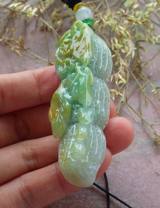 Certified Yellow Green Burma 100% Natural A Jade jadeite pendant Peanut Money Coin Necklace 生意兴隆 641363  TN