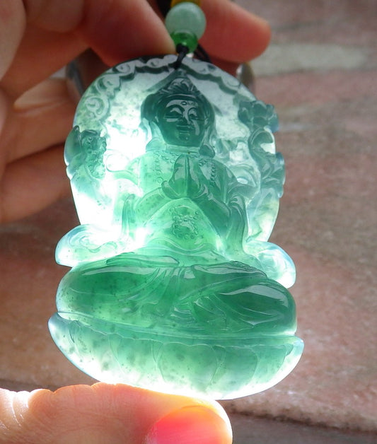 Certified Icy Green Burma 100% Natural A Jade jadeite Pendant Guanyin Kwan Yin Lotus Flower Necklace 观音 641372  TN