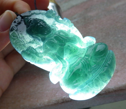 Certified Icy Green Burma 100% Natural A Jade jadeite Pendant Guanyin Kwan Yin Lotus Flower Necklace 观音 641372  TN
