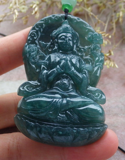 Certified Icy Green Burma 100% Natural A Jade jadeite Pendant Guanyin Kwan Yin Lotus Flower Necklace 观音 641372  TN