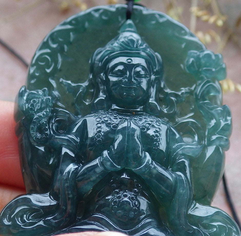 Certified Icy Green Burma 100% Natural A Jade jadeite Pendant Guanyin Kwan Yin Lotus Flower Necklace 观音 641372  TN