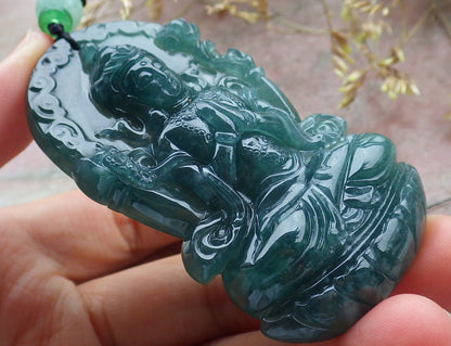 Certified Icy Green Burma 100% Natural A Jade jadeite Pendant Guanyin Kwan Yin Lotus Flower Necklace 观音 641372  TN