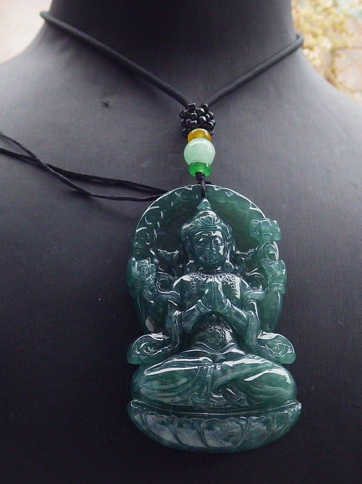 Certified Icy Green Burma 100% Natural A Jade jadeite Pendant Guanyin Kwan Yin Lotus Flower Necklace 观音 641372  TN