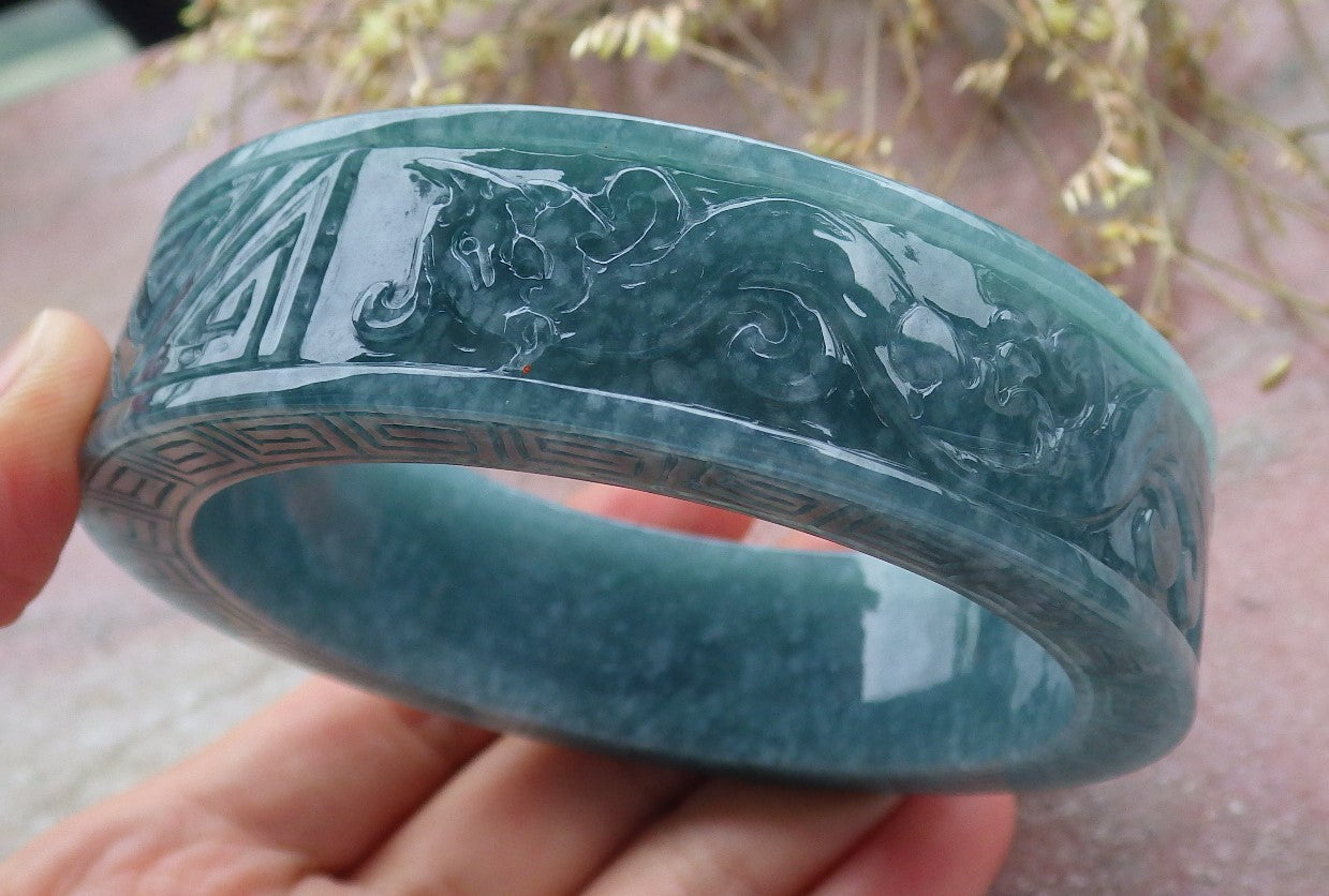 Certified Icy Green Burma 100% Natural A JADE Jadeite Dragon Phoenix Longevity Bangle Bracelet 65 mm 手镯 641381  TN