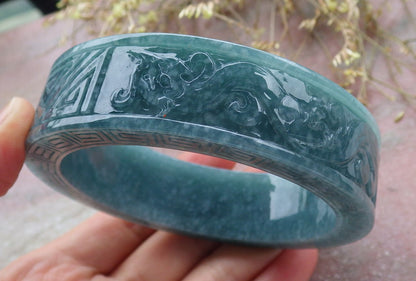 Certified Icy Green Burma 100% Natural A JADE Jadeite Dragon Phoenix Longevity Bangle Bracelet 65 mm 手镯 641381  TN