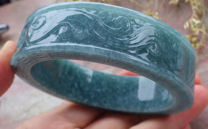 Certified Icy Green Burma 100% Natural A JADE Jadeite Dragon Phoenix Longevity Bangle Bracelet 65 mm 手镯 641381  TN