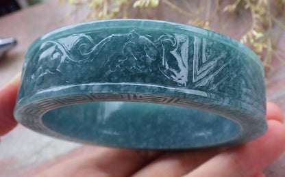 Certified Icy Green Burma 100% Natural A JADE Jadeite Dragon Phoenix Longevity Bangle Bracelet 65 mm 手镯 641381  TN