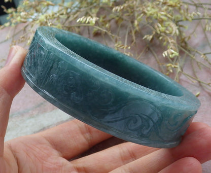 Certified Icy Green Burma 100% Natural A JADE Jadeite Dragon Phoenix Longevity Bangle Bracelet 65 mm 手镯 641381  TN