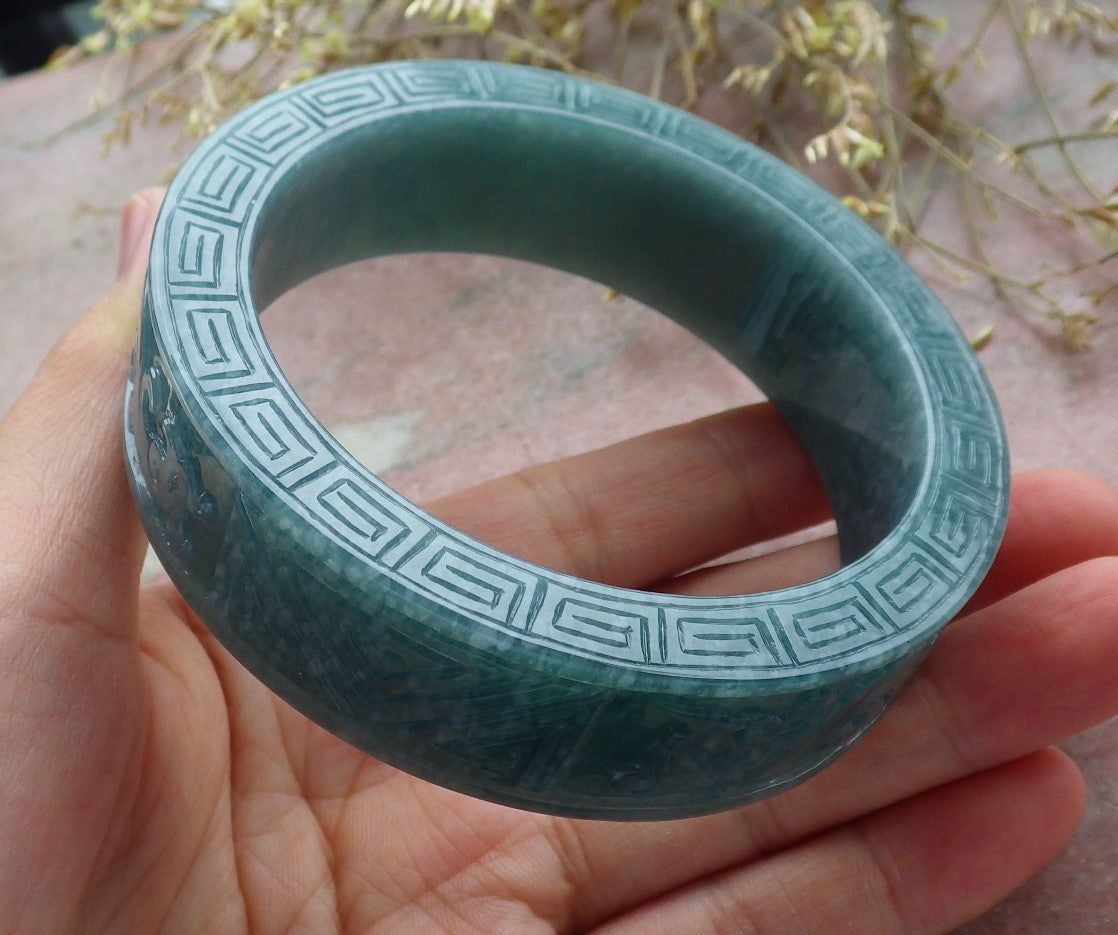 Certified Icy Green Burma 100% Natural A JADE Jadeite Dragon Phoenix Longevity Bangle Bracelet 65 mm 手镯 641381  TN