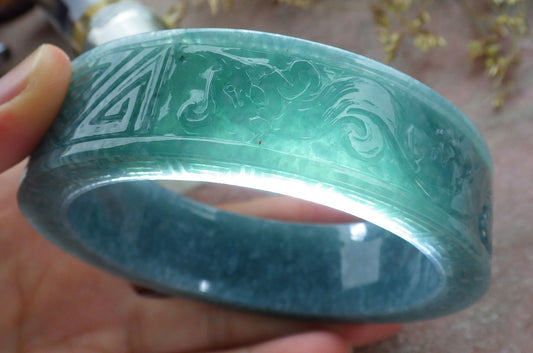 Certified Icy Green Burma 100% Natural A JADE Jadeite Dragon Phoenix Longevity Bangle Bracelet 65 mm 手镯 641381  TN