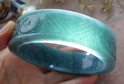 Certified Icy Green Burma 100% Natural A JADE Jadeite Dragon Phoenix Longevity Bangle Bracelet 65 mm 手镯 641381  TN