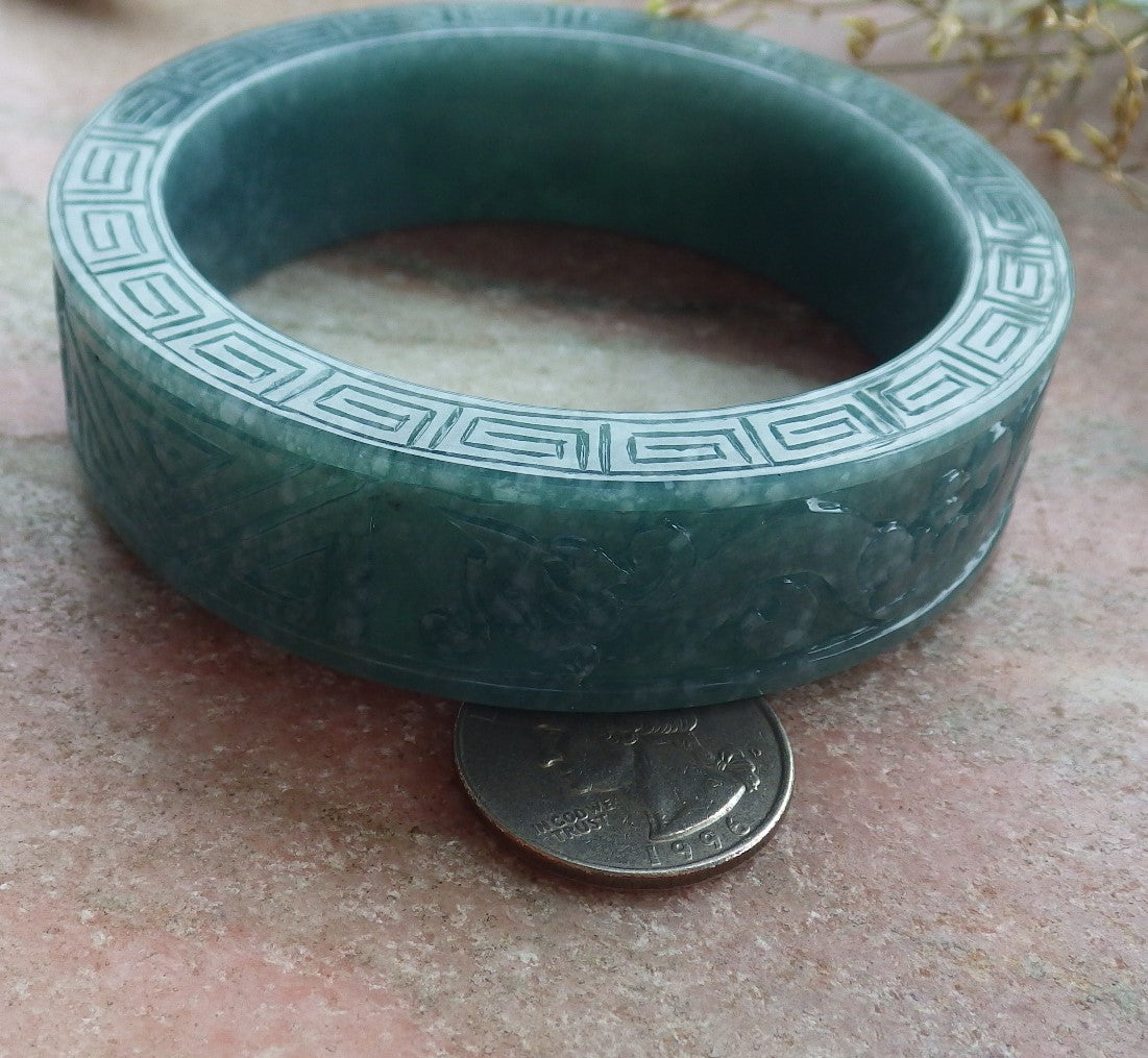 Certified Icy Green Burma 100% Natural A JADE Jadeite Dragon Phoenix Longevity Bangle Bracelet 65 mm 手镯 641381  TN