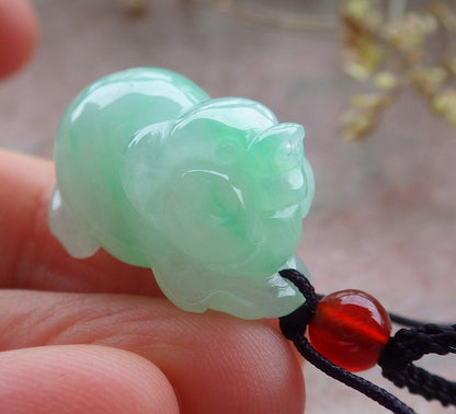 Certified Icy Green Burma 100% Natural A Jade jadeite Pendant Zodiac Pig Boar Money Coin Necklace 发财猪 641403  TN