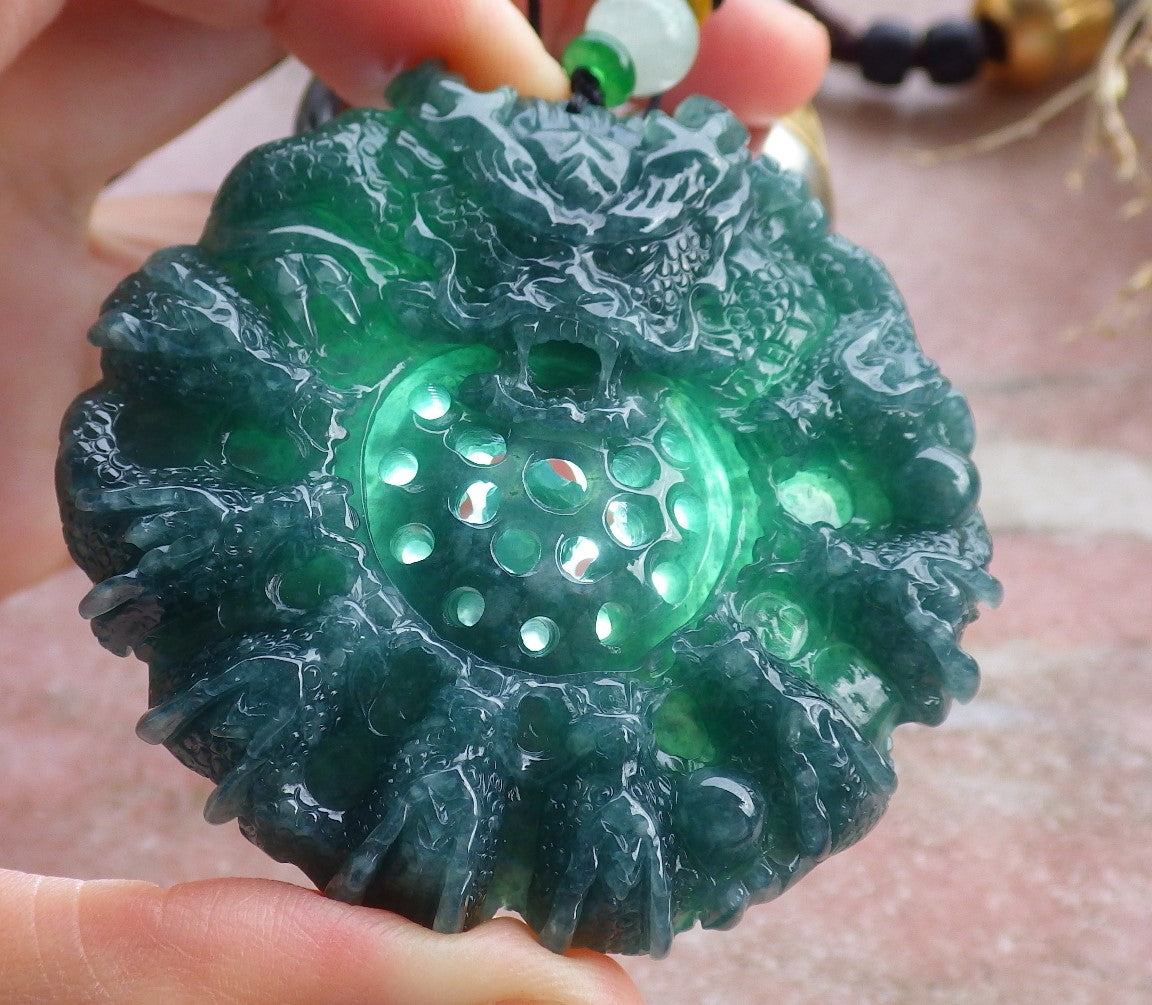 Certified Icy Green Burma 100% Natural A Jade jadeite Pendant 9 Dragon Bead Necklace 九龙戏珠 641560  TN