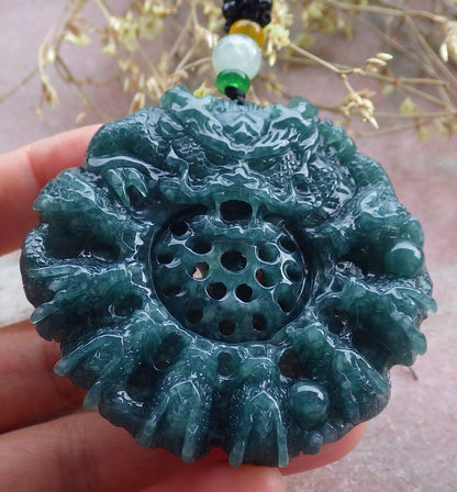 Certified Icy Green Burma 100% Natural A Jade jadeite Pendant 9 Dragon Bead Necklace 九龙戏珠 641560  TN