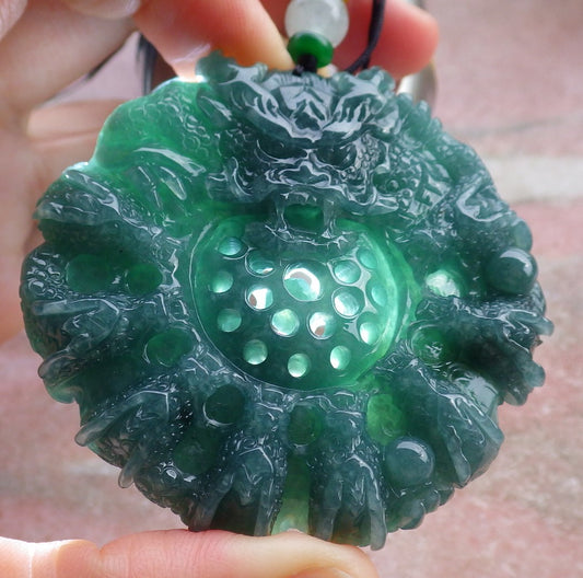 Certified Icy Green Burma 100% Natural A Jade jadeite Pendant 9 Dragon Bead Necklace 九龙戏珠 641572  TN