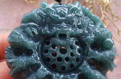 Certified Icy Green Burma 100% Natural A Jade jadeite Pendant 9 Dragon Bead Necklace 九龙戏珠 641572  TN
